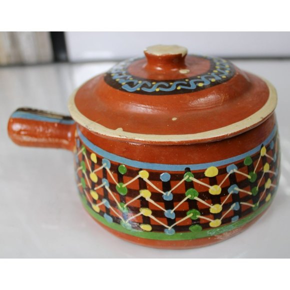 Vintage Mexican Tlaquepaque Hand Painted Red Clay Handled Pot - Picture 3 of 7